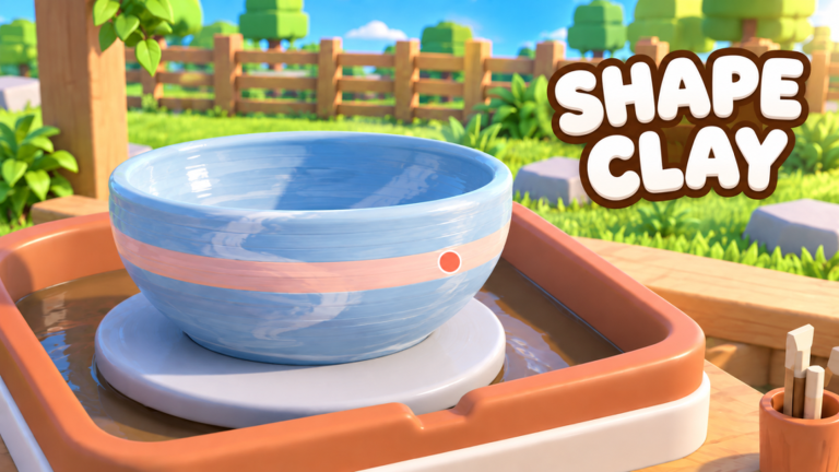 Official promotional image: a light blue bowl with a peach band on a terracotta wheel, with the words SHAPE CLAY.